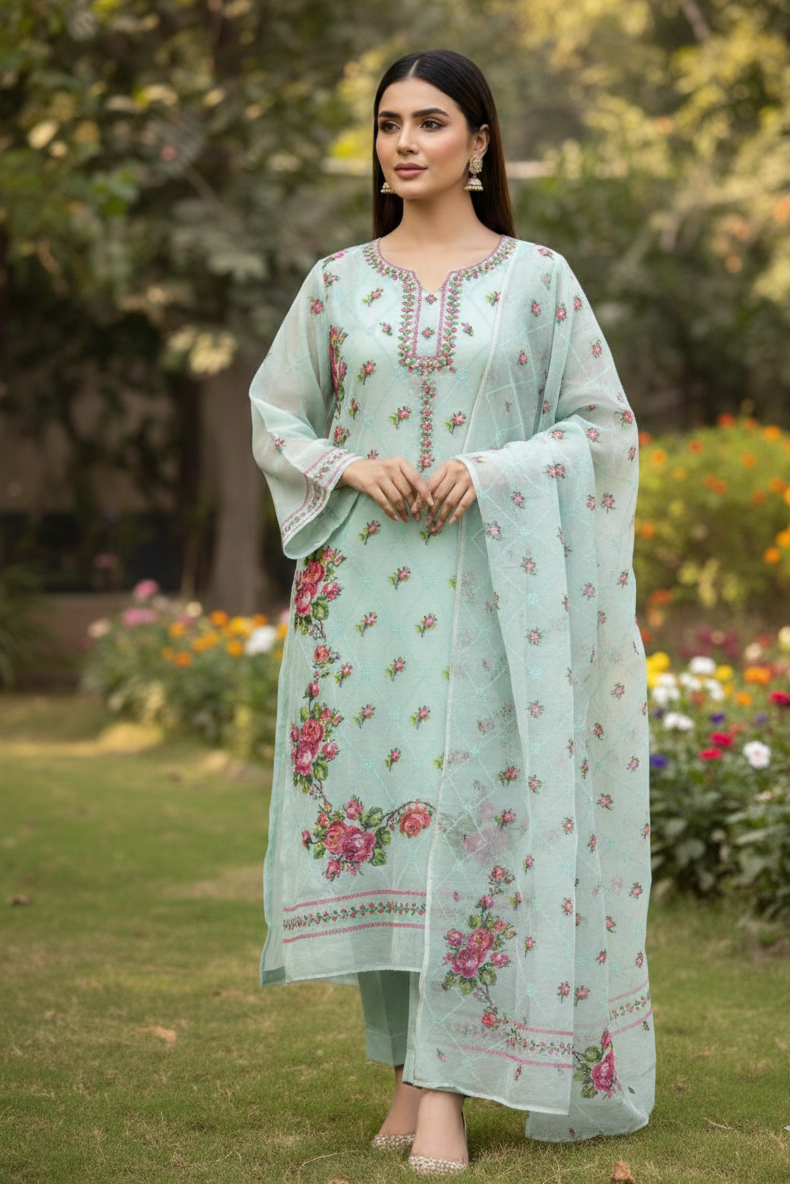 Woman in a light blue embroidered outfit standing in a garden with flowers and greenery.