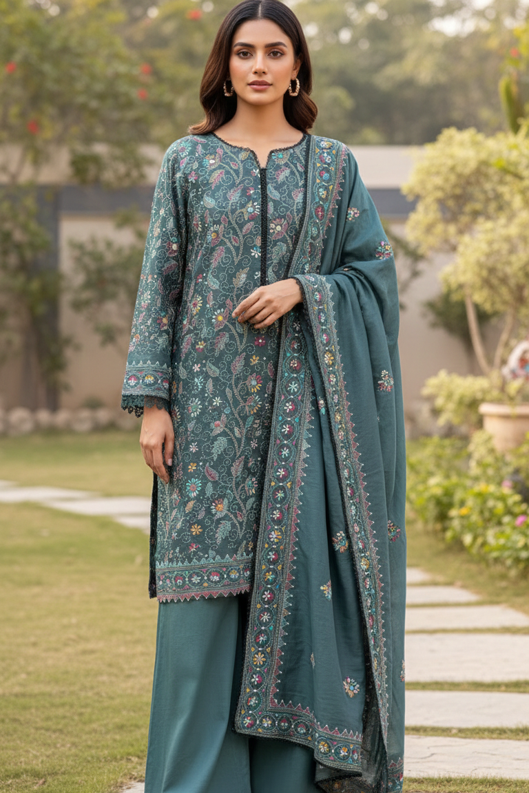 Woman in a teal embroidered outfit standing outdoors on a garden path.